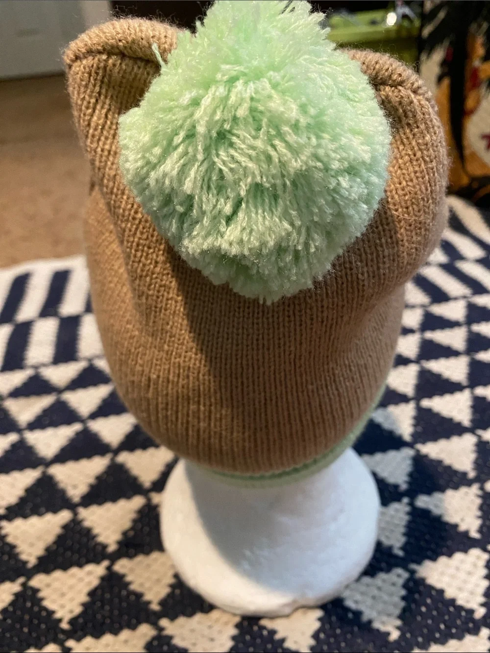 Kids Tan and Light Green Pom Beanie with Baby Grogu Patch